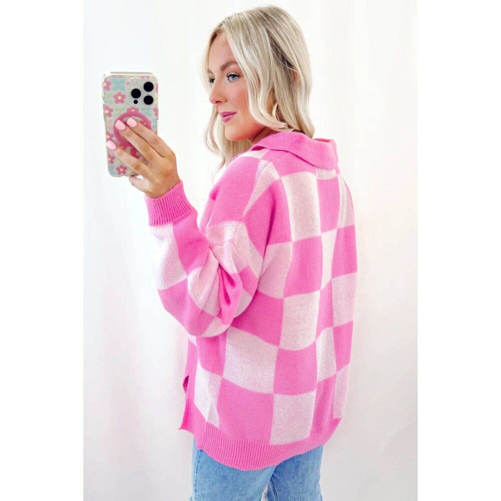 Pink Checkerboard Half Button Collared Drop Shoulder Sweater - Picture 2 of 5